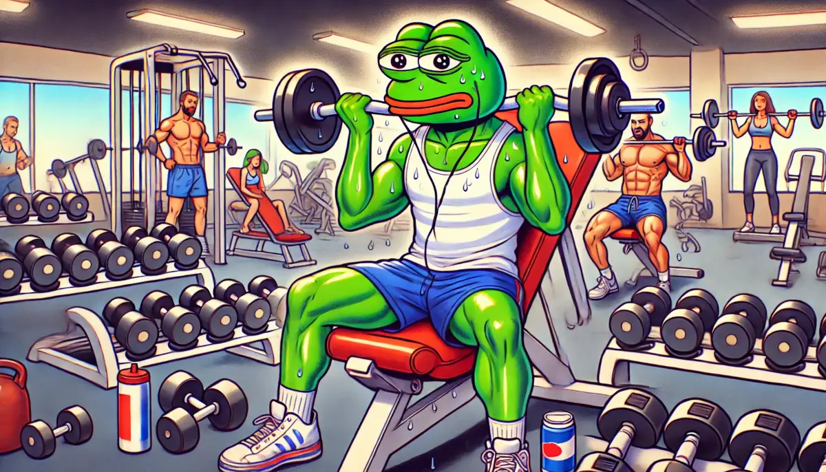 Picture showing Pepe the frog training on the gym to provide us some gains