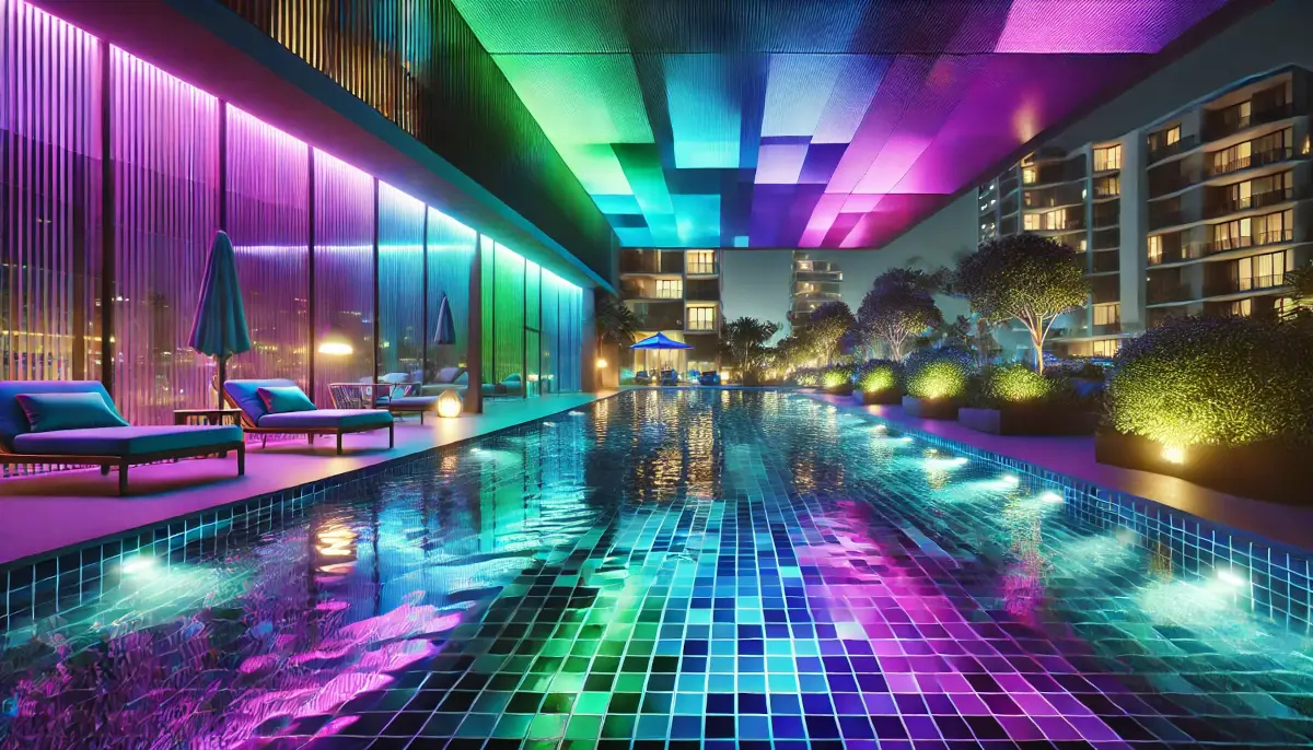 Swimming pool illuminated in the colors of Solana (SOL)