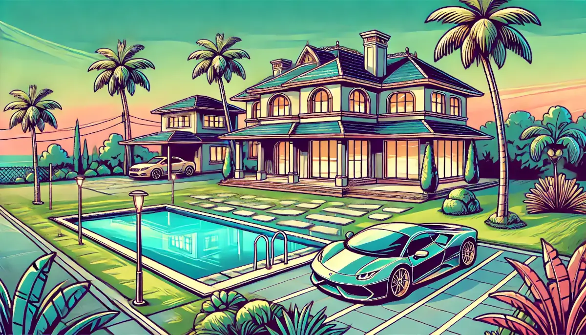 Mansion with pool and sports car, representing someone achieving wealth through FIRE