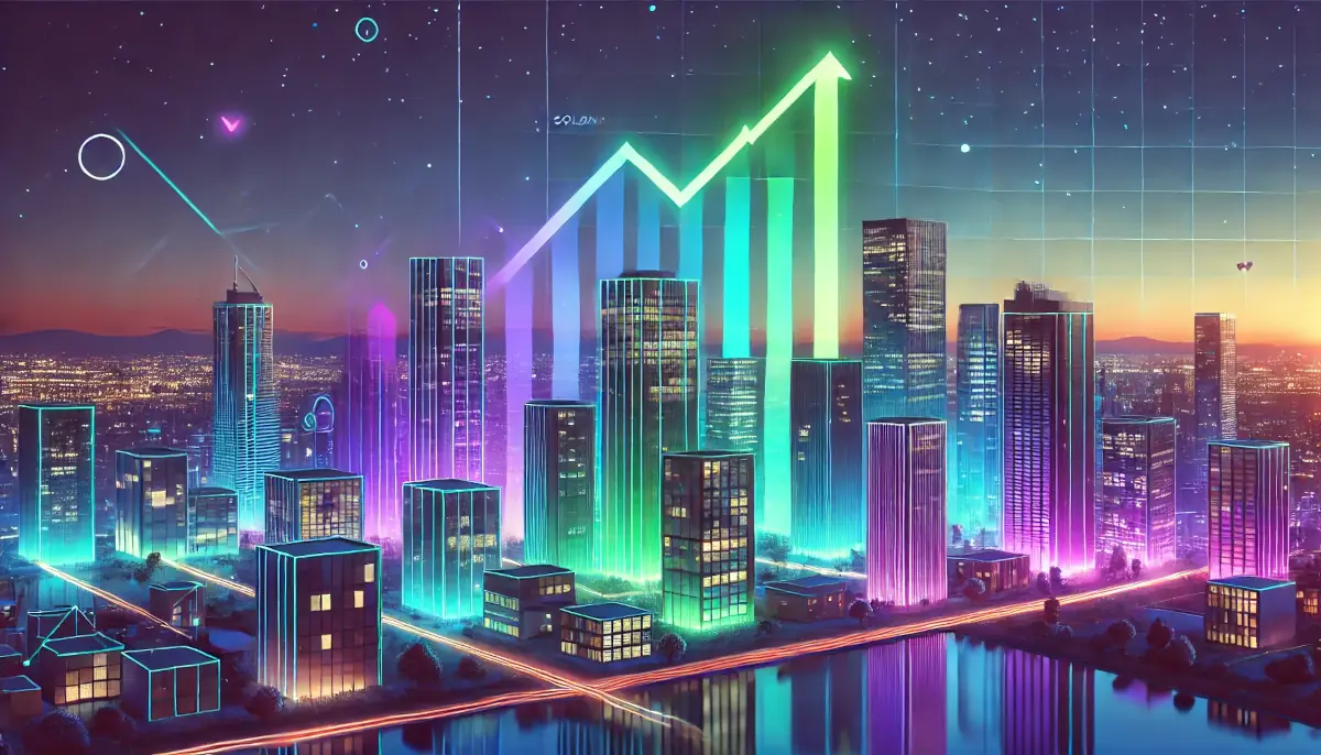 Picture showing city in colors with Solana with growth symbol, as SOL/ETH ratio hits ATH