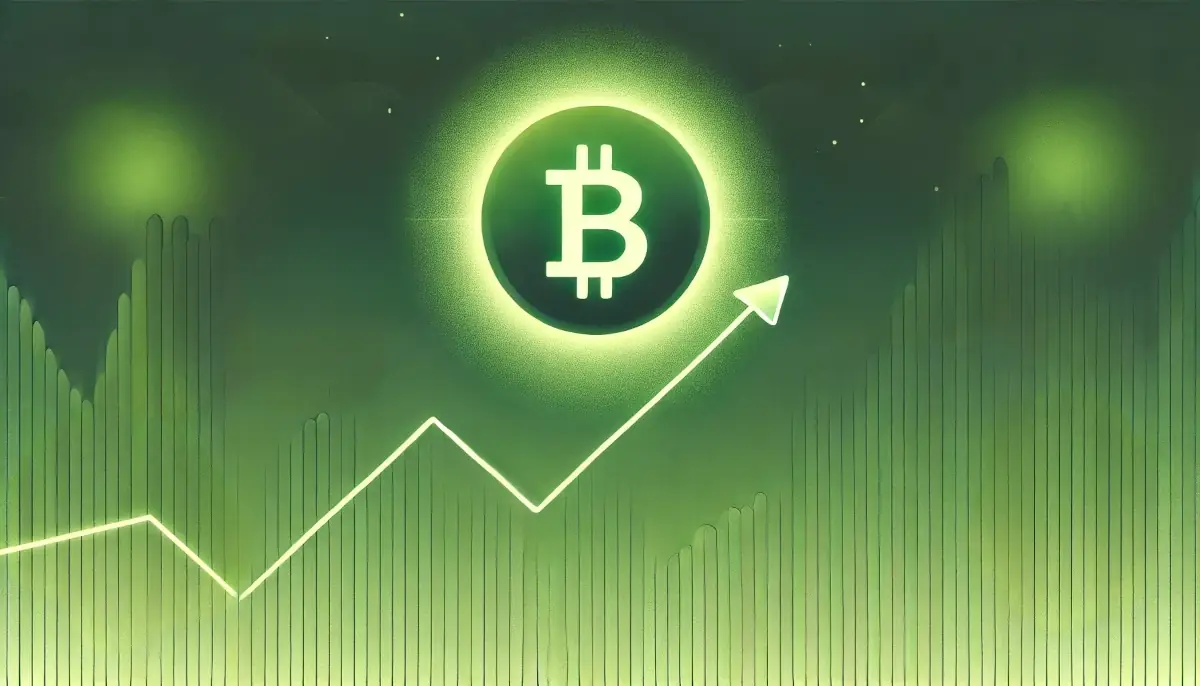 Bitcoin logo at green chart background