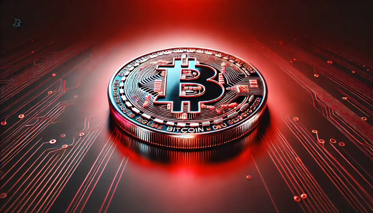 Picture showing Bitcoin coin illuminated in red light