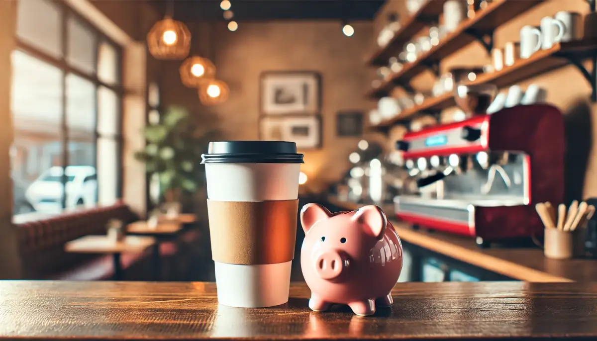 Picture showing coffee and piggy bank