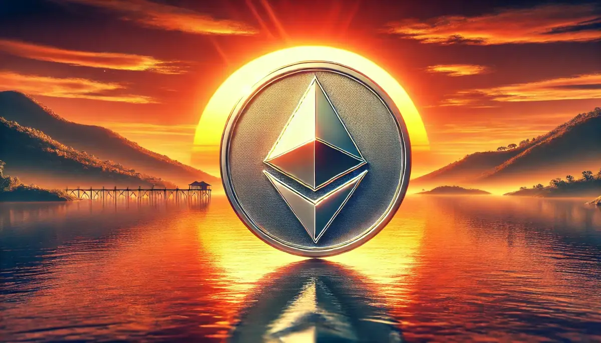 Ethereum coin with background at sunset