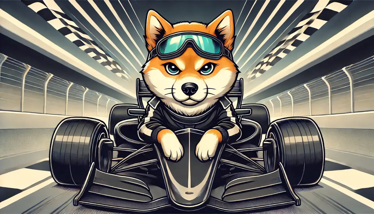 Shiba Inu dog in a racing car