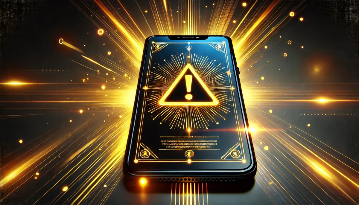 Picture showing smartphone displaying warning sign after receiving suspicious SMS