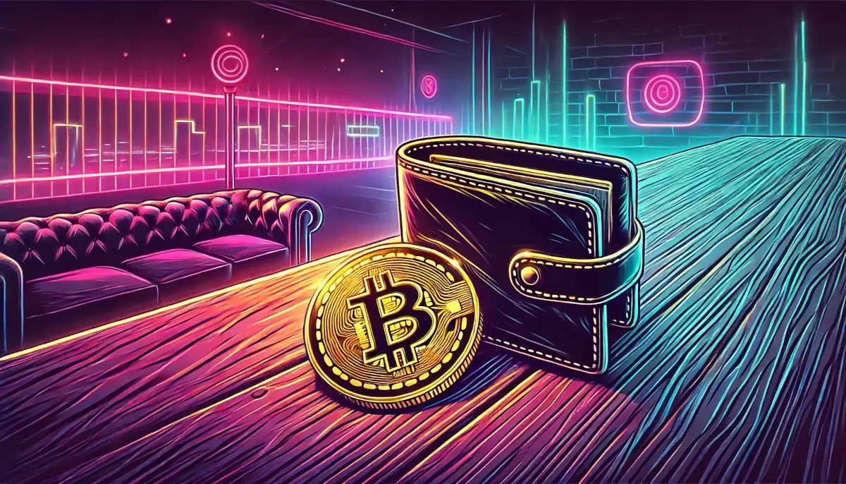 Picture showing wallet with bitcoin coin, in neon setting