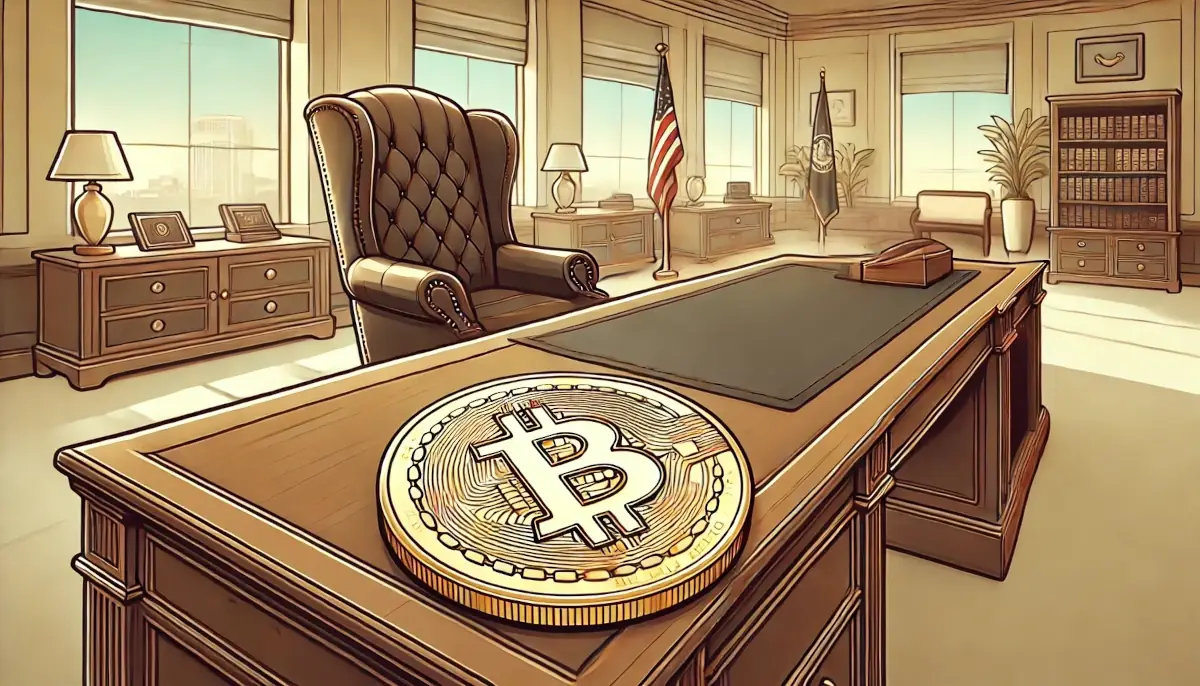 Picture showing elegant office with Bitcoin coin on the desk