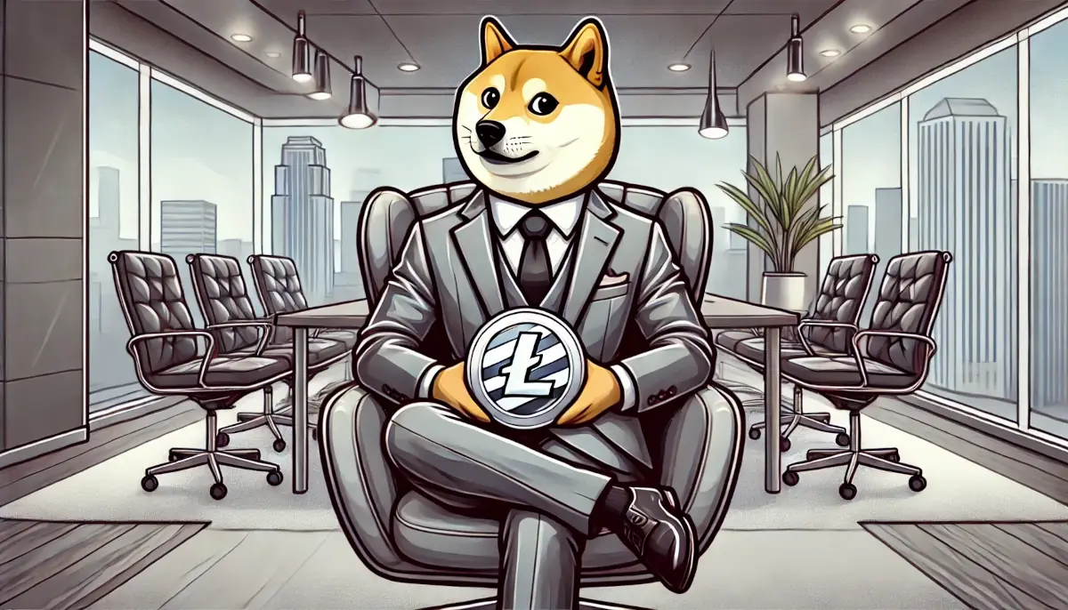 Picture showing Doge from Dogecoin holding Litecoin