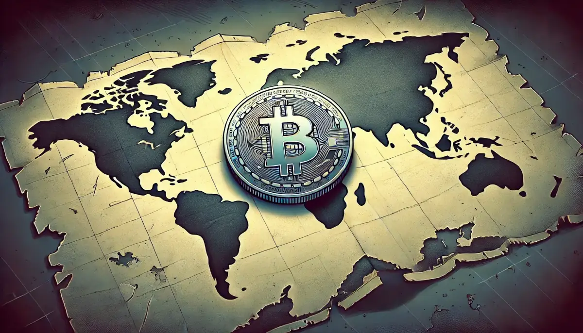 Picture showing a world map with Bitcoin coin