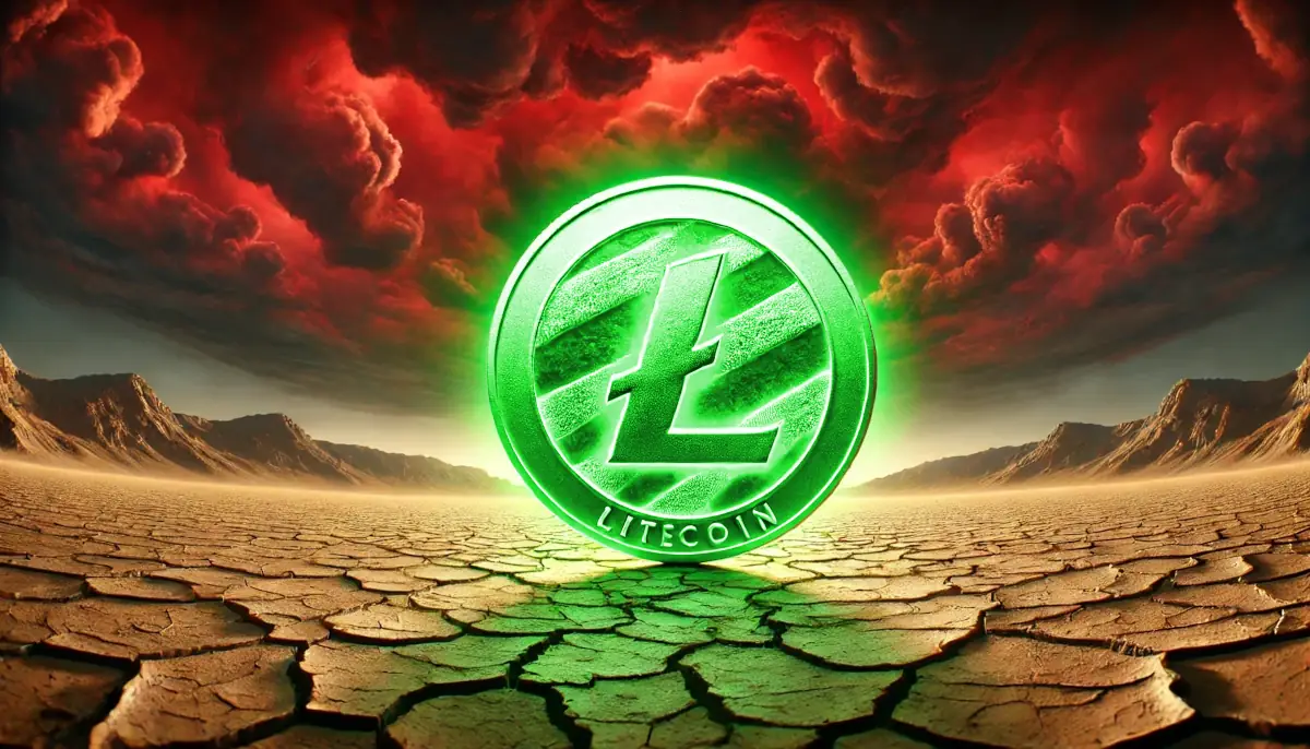 Picture showing green glowing Litecoin on a red desert background