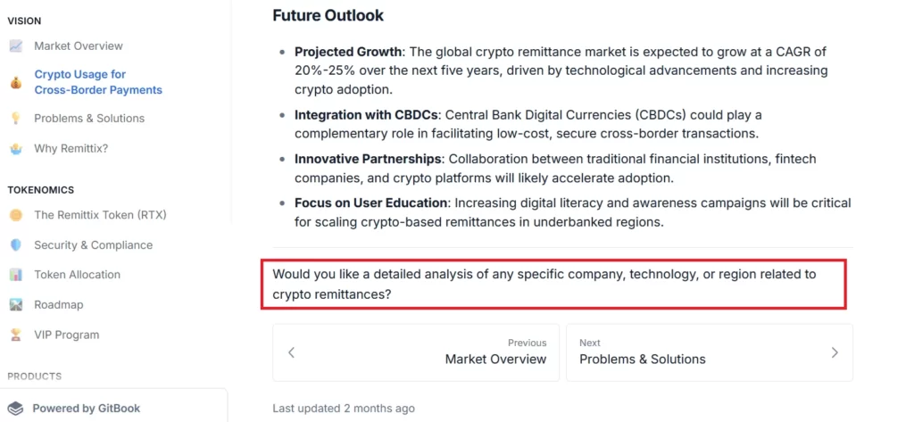 Picture showing another part of Remittix (RTX) whitepaper, with a question from AI