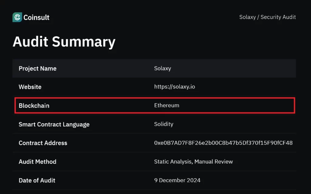 Solaxy Audit reveals that the token is on Ethereum