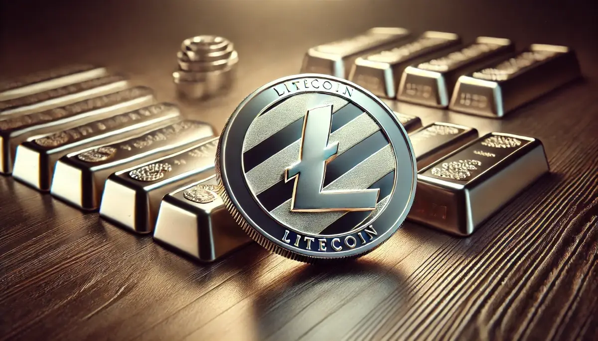 Picture showing silver Litecoin coin with silver ingots