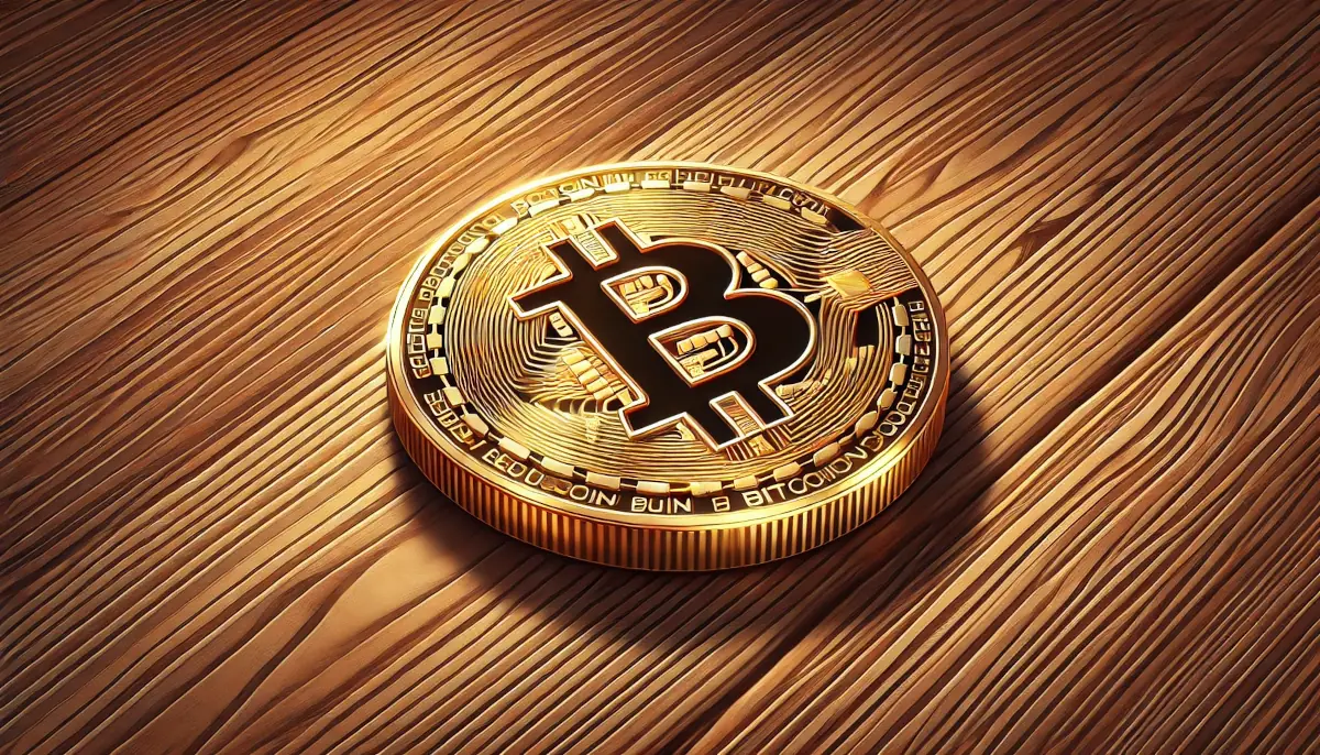 Picture showing golden bitcoin coin lying on the wooden table