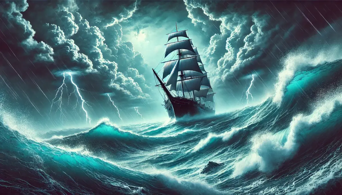 Picture showing ship on a stormy sea, symbolizing Bitcoin recent volatility