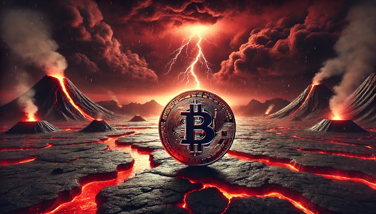 Picture showing Bitcoin coin in a dangerous volcanic scene, with red colors dominant