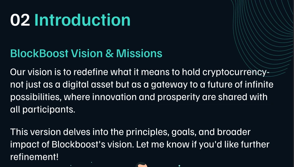 Picture showing part of BlockBoost (BBT) whitepaper, with sentence from chatbot