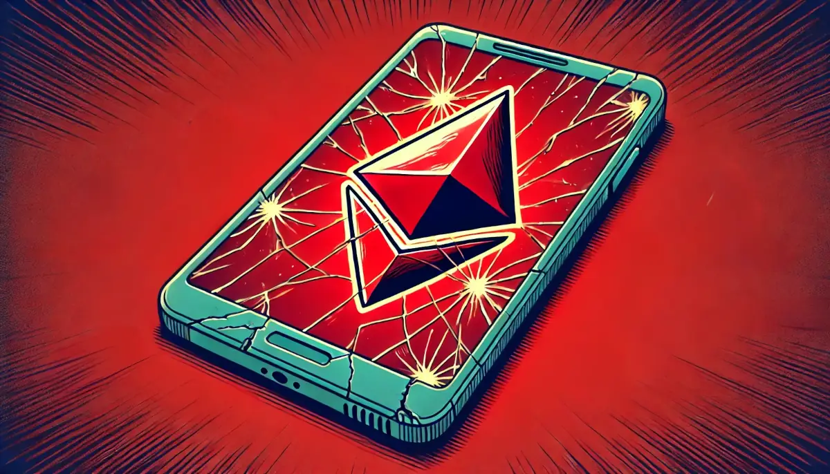 Picture showing Ethereum (ETH) symbol on a phone with cracked screen, on red background