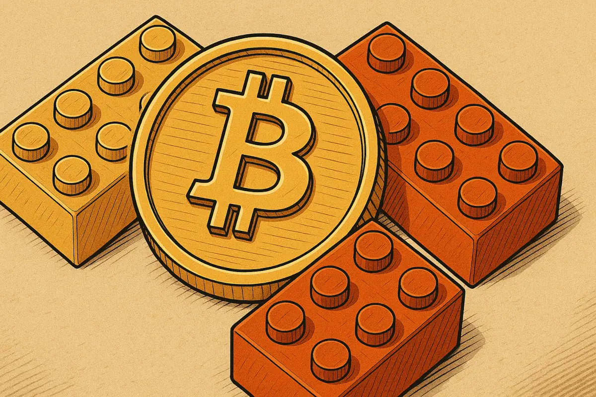 Picture showing Bitcoin coin and lego bricks, a one way to remember the seed phrase
