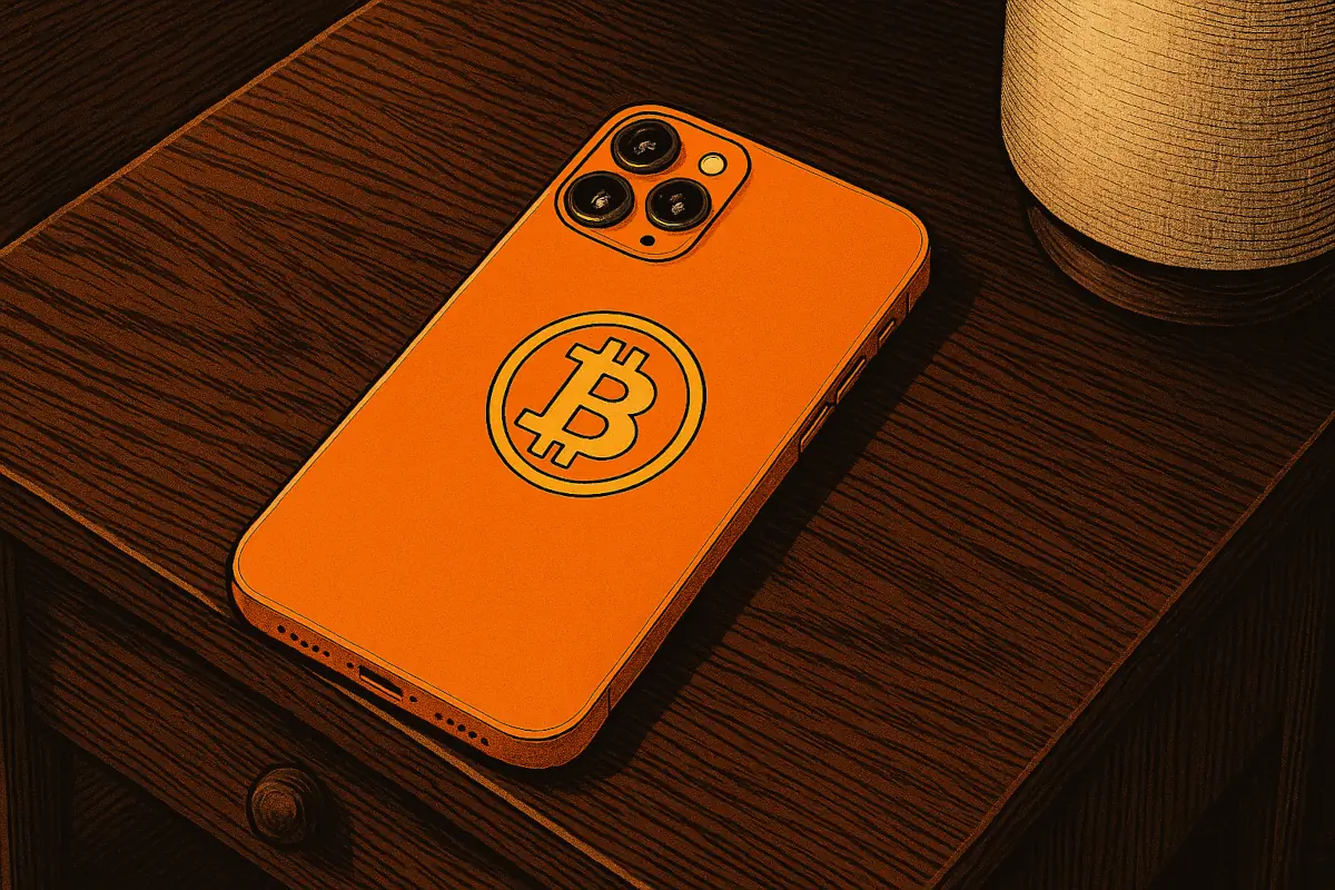 Picture showing orange Bitcoin iPhone