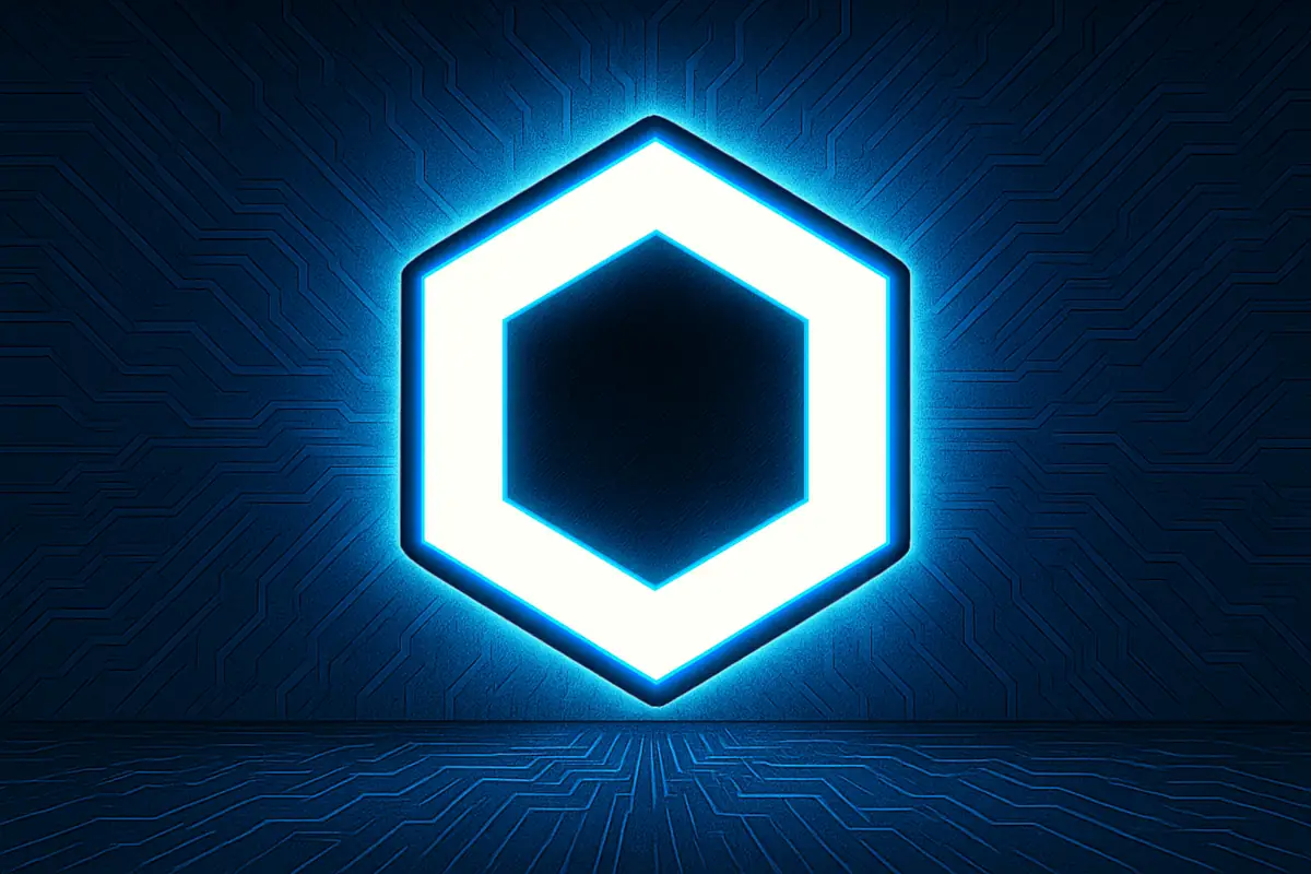 Picture showing Chainlink glowing logo on a dark-blue background