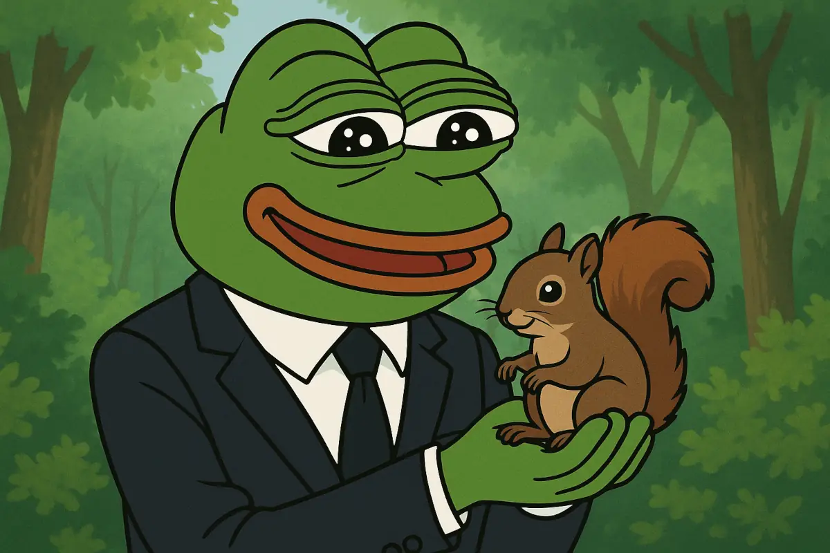 Picture showing PEPE holding PNUT squirrel, symbolizing characters from those memecoins