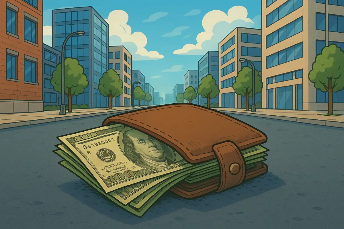 Picture showing wallet lying on the street, symbolizing crypto seed trap