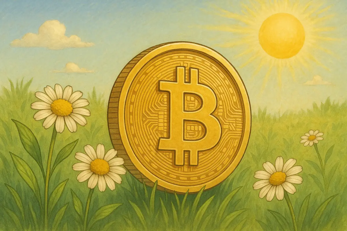 Picture showing Bitcoin on spring grass, symbolizing "Sell in May Go Away" saying