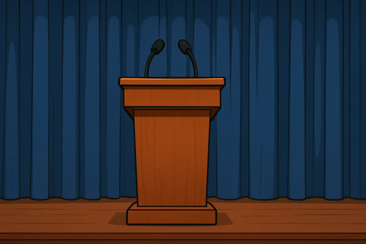 Chart showing empty podium, similar to ones where Trump speaks