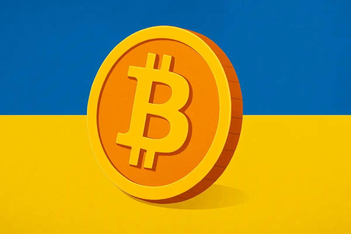 Picture showing Bitcoin with Ukraine flag in the background
