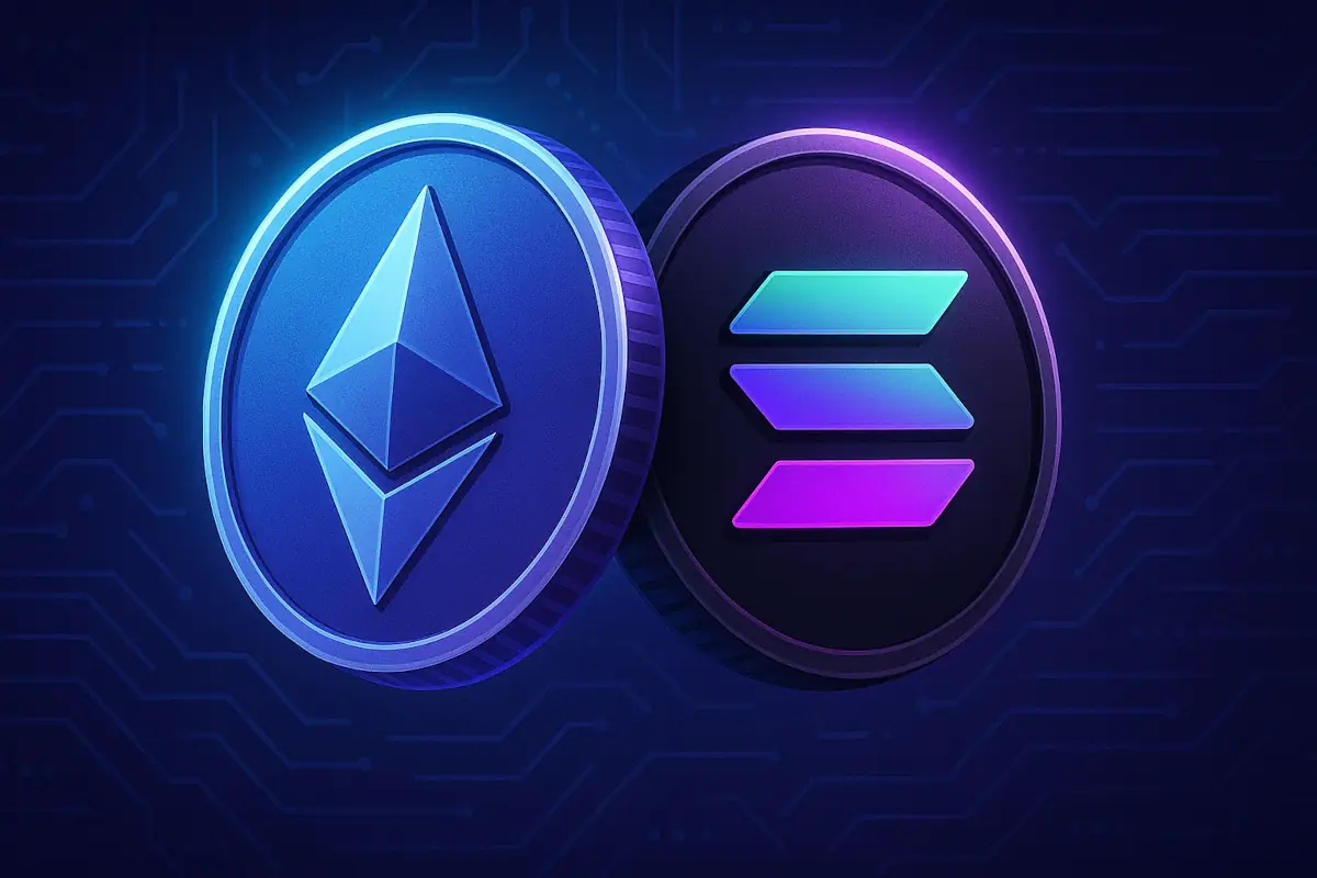 Picture showing Ethereum and Solana logo, as those coins are in the described ETF