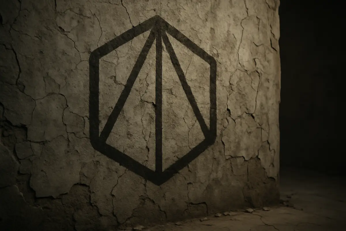 Picture showing Polyhedra logo on a broken wall
