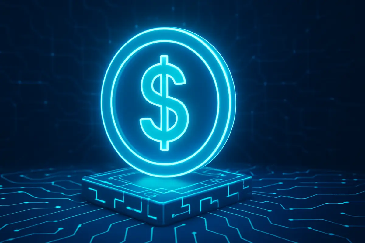 Picture showing USD dollar coin glowing, symbolizing stablecoin market