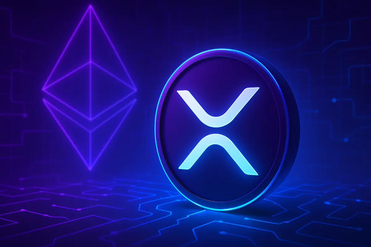 Picture showing glowing XRP coin with ETH logo